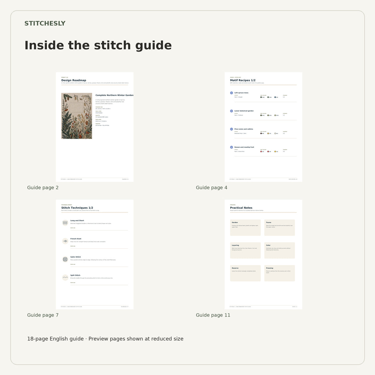 Four reduced-size preview pages from the 18-page Complete Northern Winter Garden stitch guide.