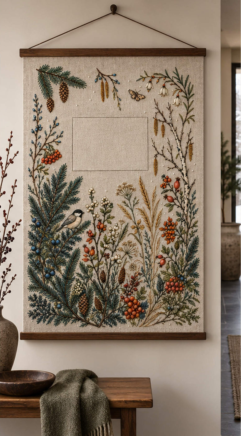 Framed botanical textile mockup featuring the Complete Northern Winter Garden hand embroidery design. Spruce, berries, grasses and flowers build a winter garden with small bird and butterfly details.