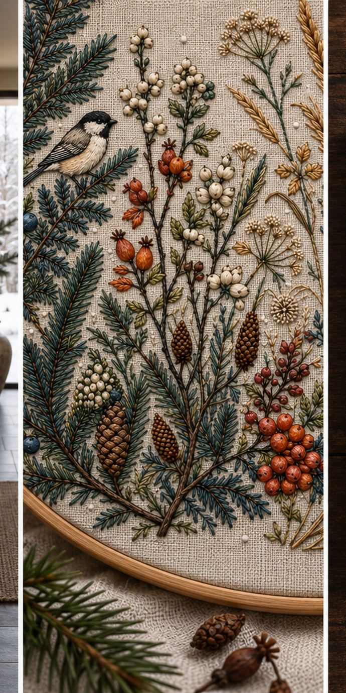 Linen textile flat lay mockup featuring the Complete Northern Winter Garden hand embroidery design. Spruce, berries, grasses and flowers build a winter garden with small bird and butterfly details.