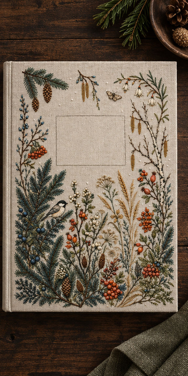 Linen tote bag mockup featuring the Complete Northern Winter Garden hand embroidery design. Spruce, berries, grasses and flowers build a winter garden with small bird and butterfly details.