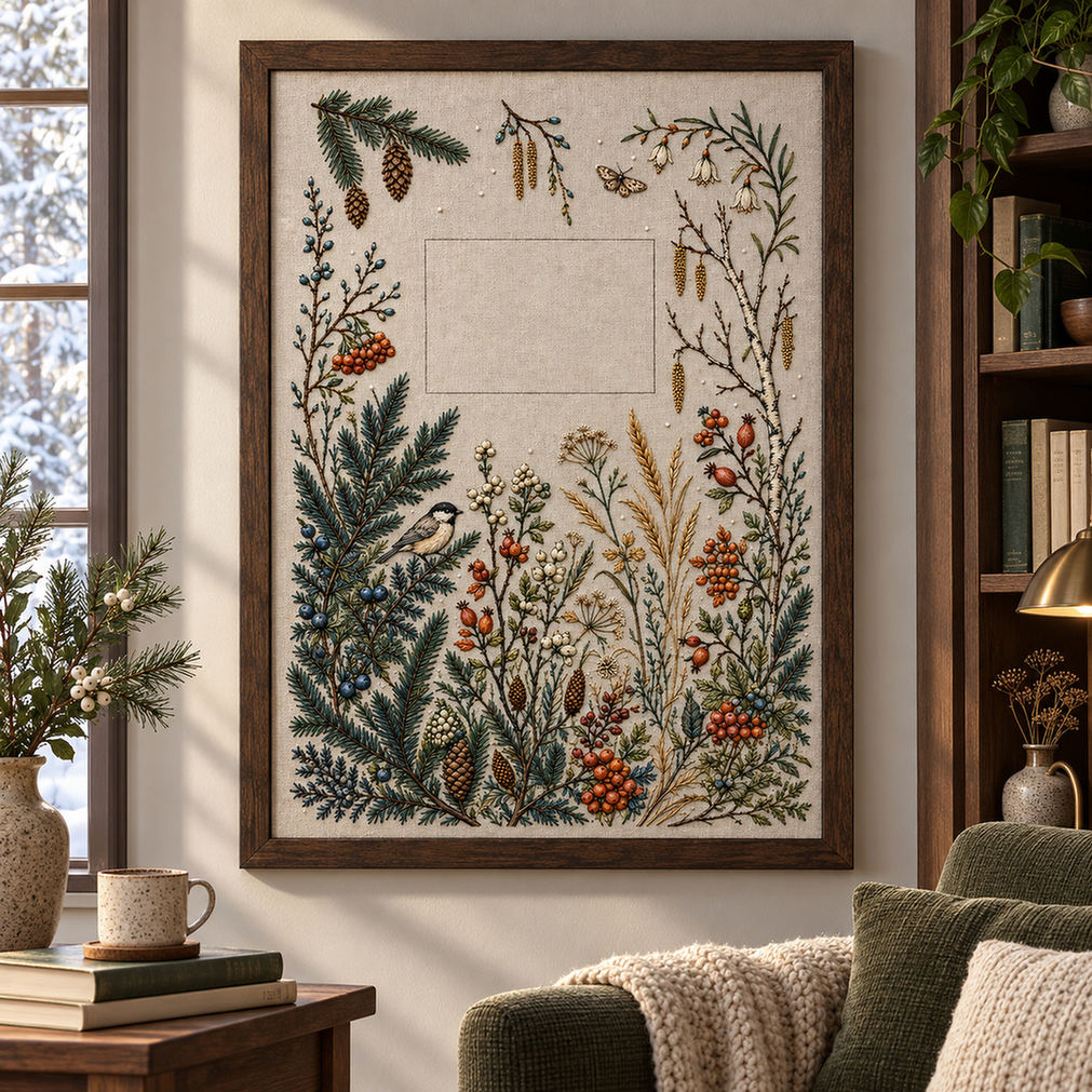 Framed botanical textile mockup featuring the Complete Northern Winter Garden hand embroidery design. Spruce, berries, grasses and flowers build a winter garden with small bird and butterfly details.