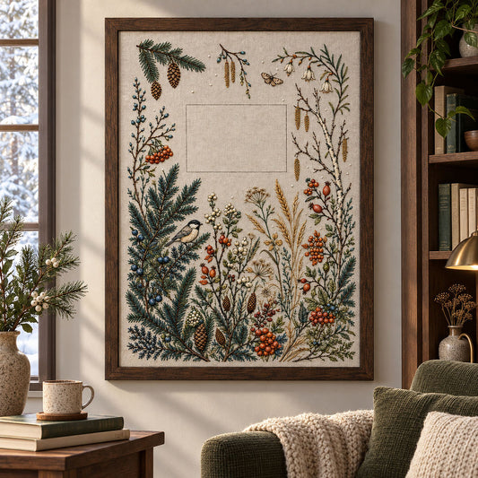 Framed botanical textile mockup featuring the Complete Northern Winter Garden hand embroidery design. Spruce, berries, grasses and flowers build a winter garden with small bird and butterfly details.