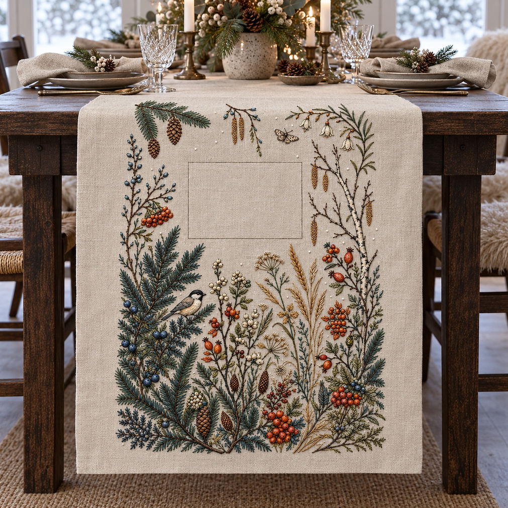 Linen apron mockup featuring the Complete Northern Winter Garden hand embroidery design. Spruce, berries, grasses and flowers build a winter garden with small bird and butterfly details.
