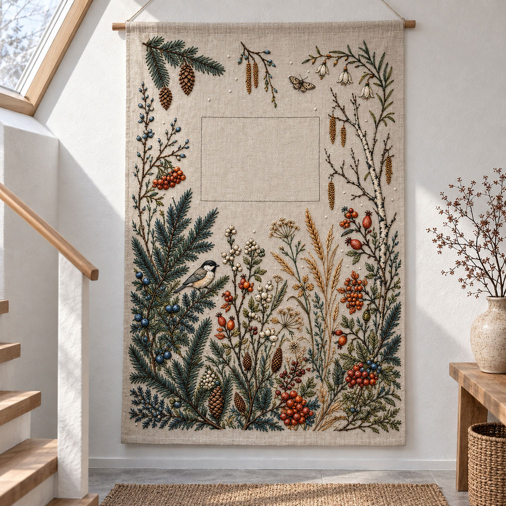 Hanging botanical panel mockup featuring the Complete Northern Winter Garden hand embroidery design. Spruce, berries, grasses and flowers build a winter garden with small bird and butterfly details.