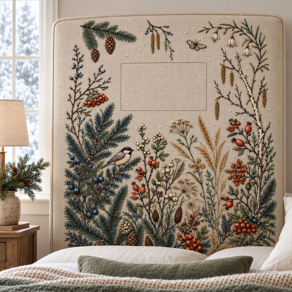Linen cushion mockup featuring the Complete Northern Winter Garden hand embroidery design. Spruce, berries, grasses and flowers build a winter garden with small bird and butterfly details.