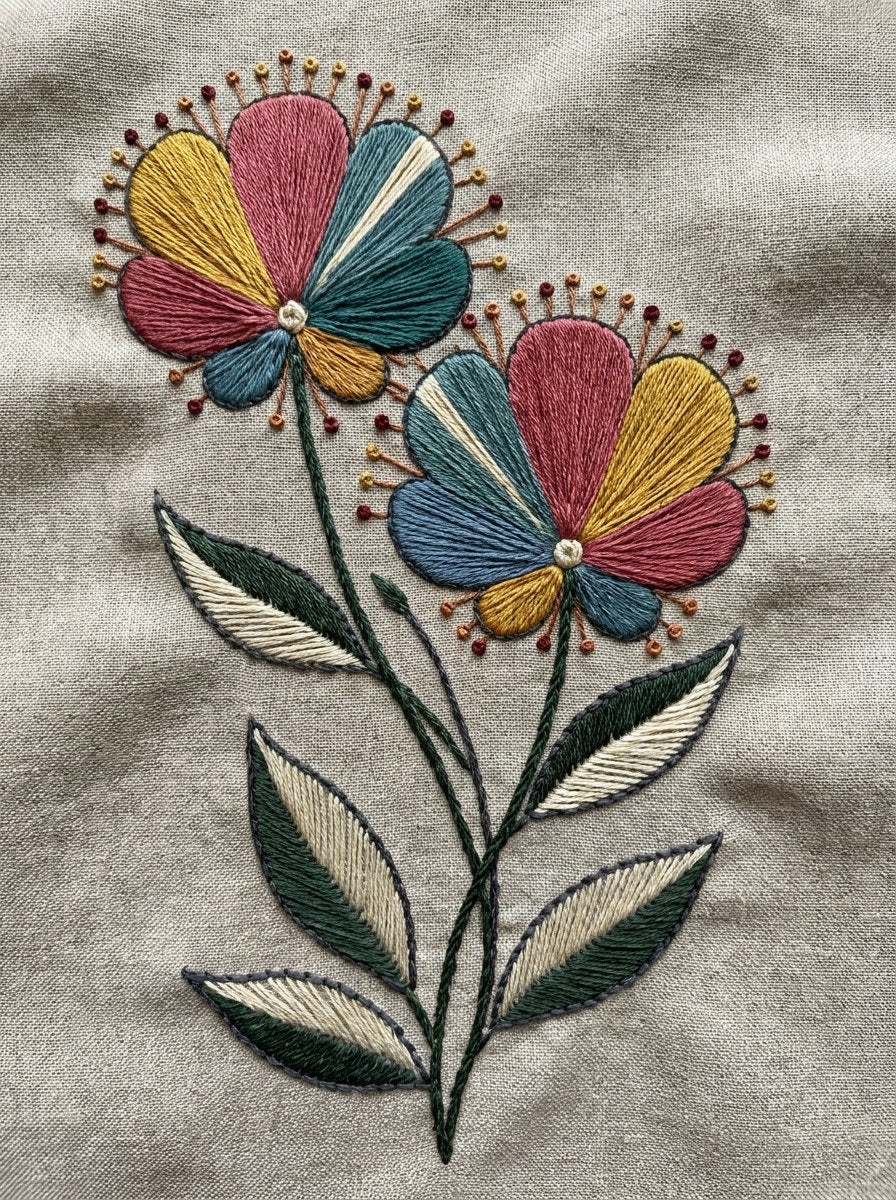 Contemporary Colorwork Floral Pair Modern from Modern Colorwork Embroidery Book 1, a digital embroidery design reference for machine embroidery designs, embroidery patterns and botanical and floral embroidery.