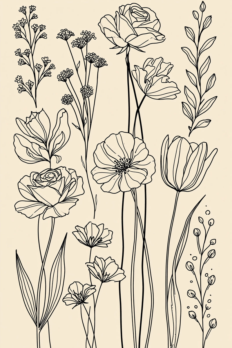 Continuous Line Botanical Library Plate from Line Art Embroidery Book 2, a digital embroidery design reference for machine embroidery designs, embroidery patterns and botanical and floral embroidery.