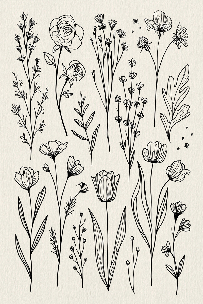 Continuous Line Botanical Library Plate from Line Art Embroidery Book 4, a digital embroidery design reference for machine embroidery designs, embroidery patterns and botanical and floral embroidery.