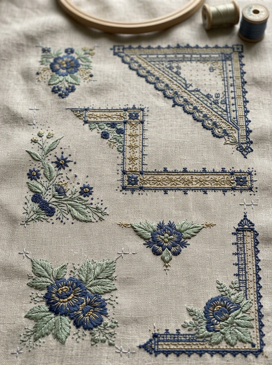 Corner Frames Napkin Corners And from Classic Frames & Borders Book 4, a digital embroidery design reference for machine embroidery designs, embroidery patterns and border and edge embroidery.
