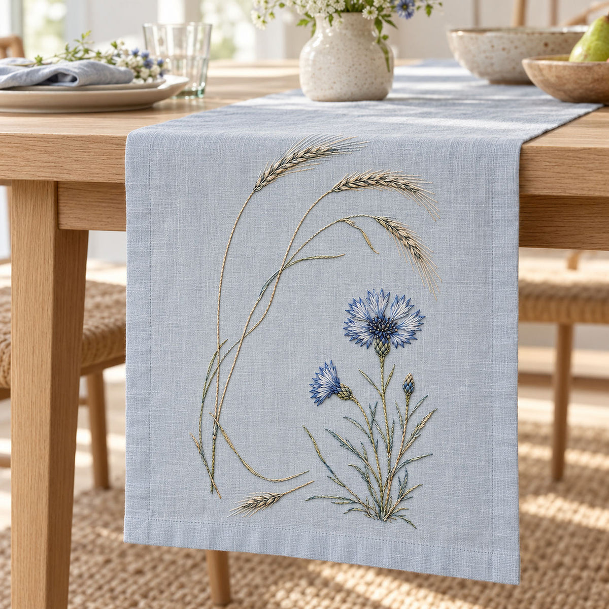 Linen panel on a table mockup featuring the Cornflower and Wild Rye hand embroidery design. Cornflower and Wild Rye is a paired hand embroidery pattern about the contrast between blooms and grain.