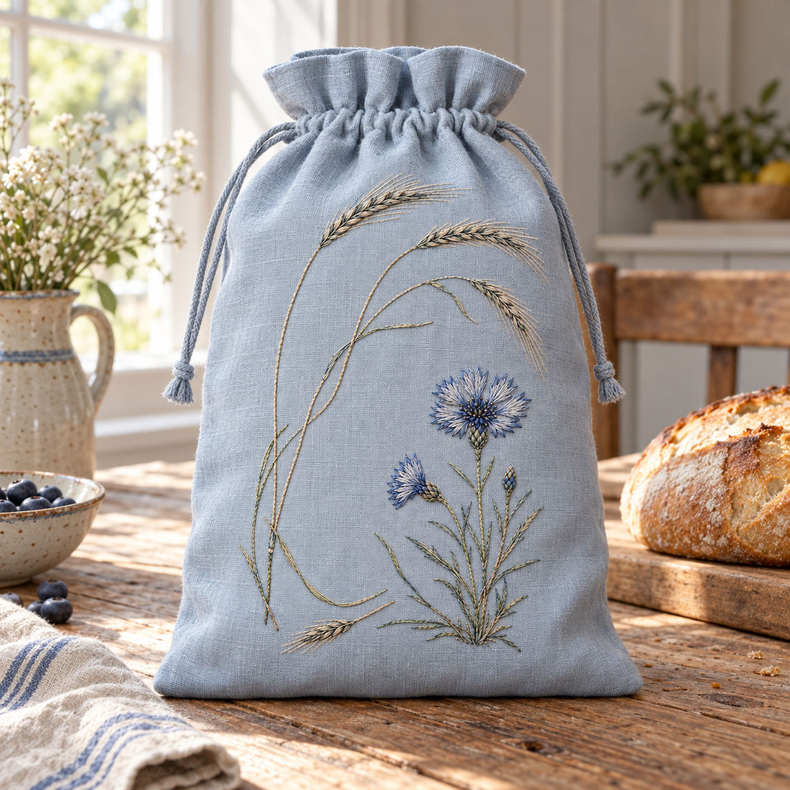 Blue drawstring bag mockup featuring the Cornflower and Wild Rye hand embroidery design. Cornflower and Wild Rye is a paired hand embroidery pattern about the contrast between blooms and grain.