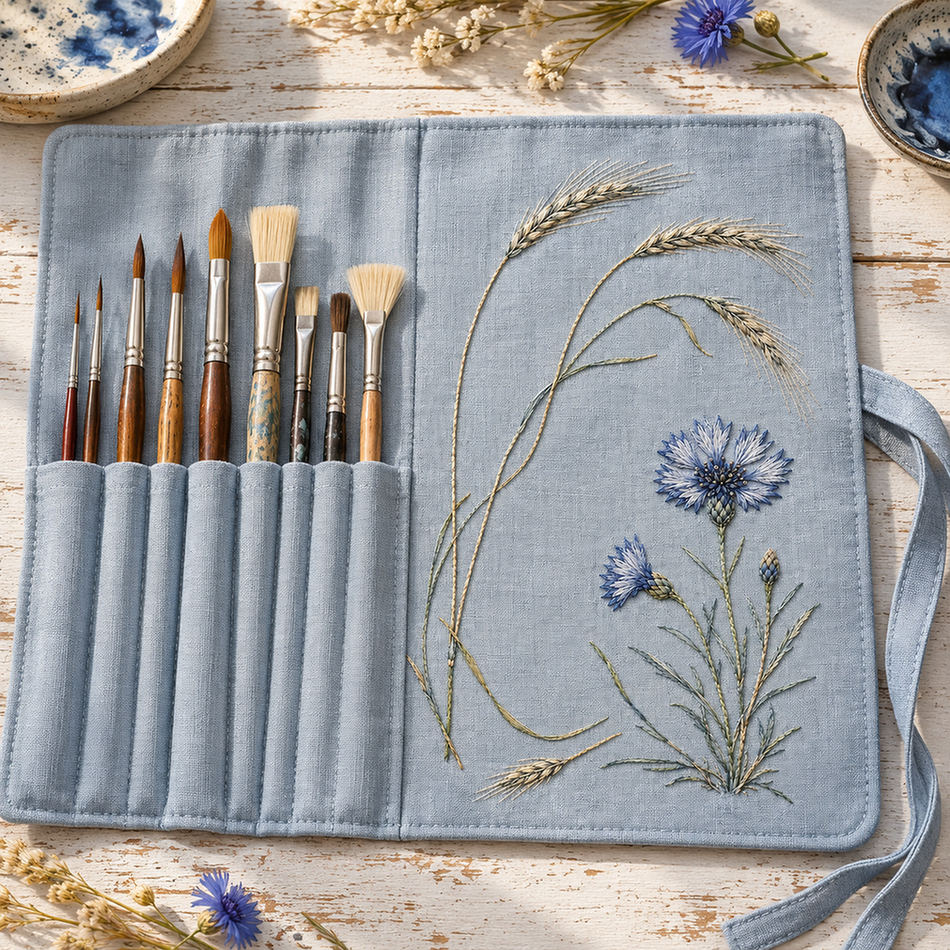 Blue fabric tool roll mockup featuring the Cornflower and Wild Rye hand embroidery design. Cornflower and Wild Rye is a paired hand embroidery pattern about the contrast between blooms and grain.
