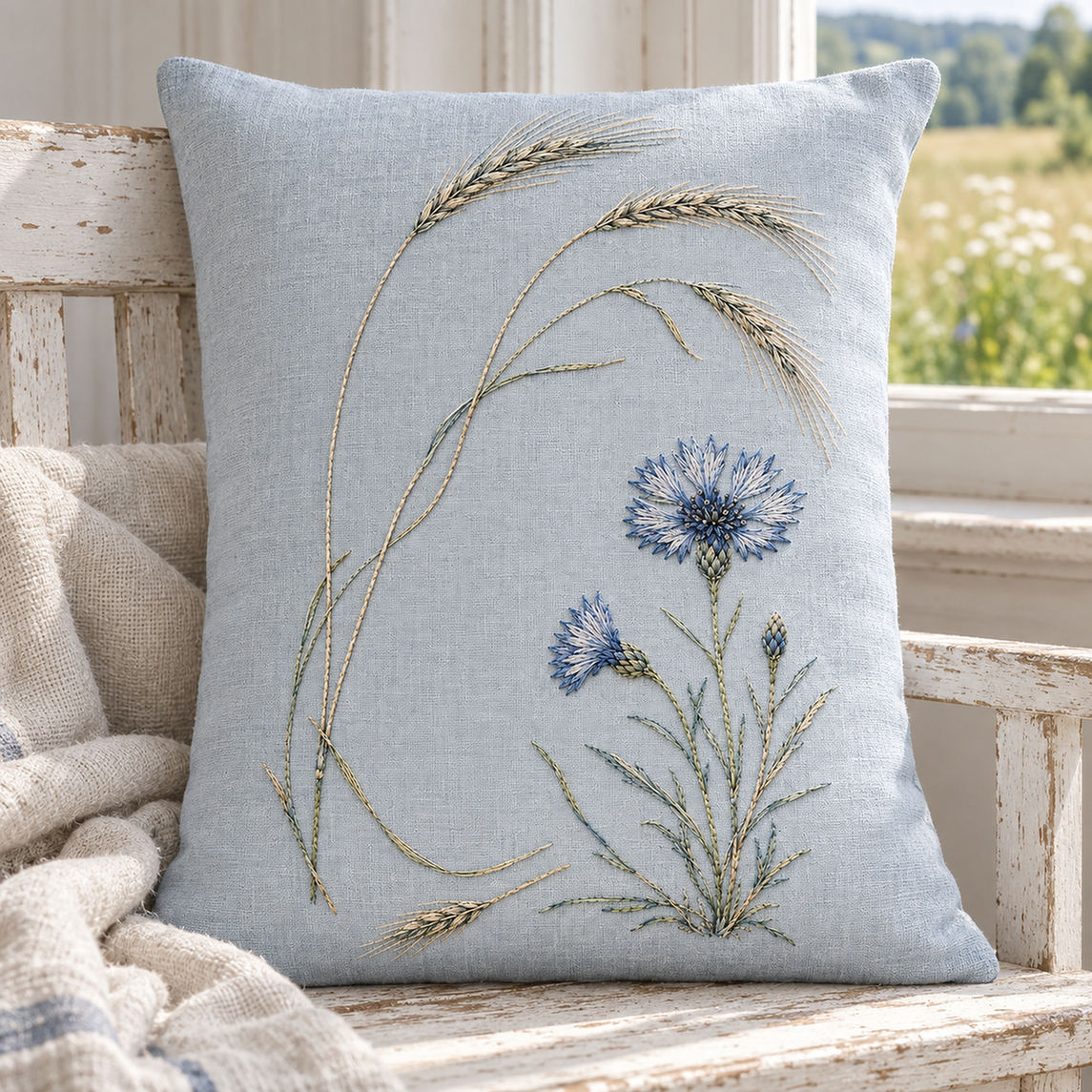 Blue linen cushion mockup featuring the Cornflower and Wild Rye hand embroidery design. Cornflower and Wild Rye is a paired hand embroidery pattern about the contrast between blooms and grain.