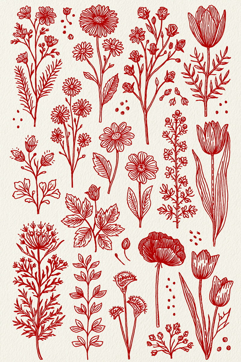 Country Floral Redwork Library Plate from Folk Redwork & Country Florals Book 3, a digital embroidery design reference for machine embroidery designs, embroidery patterns and botanical and floral embroidery.