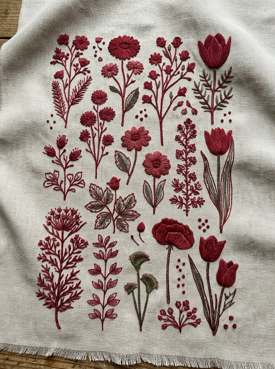Country Floral Redwork Library Plate from Folk Redwork & Country Florals Book 3, a digital embroidery design reference for machine embroidery designs, embroidery patterns and botanical and floral embroidery.