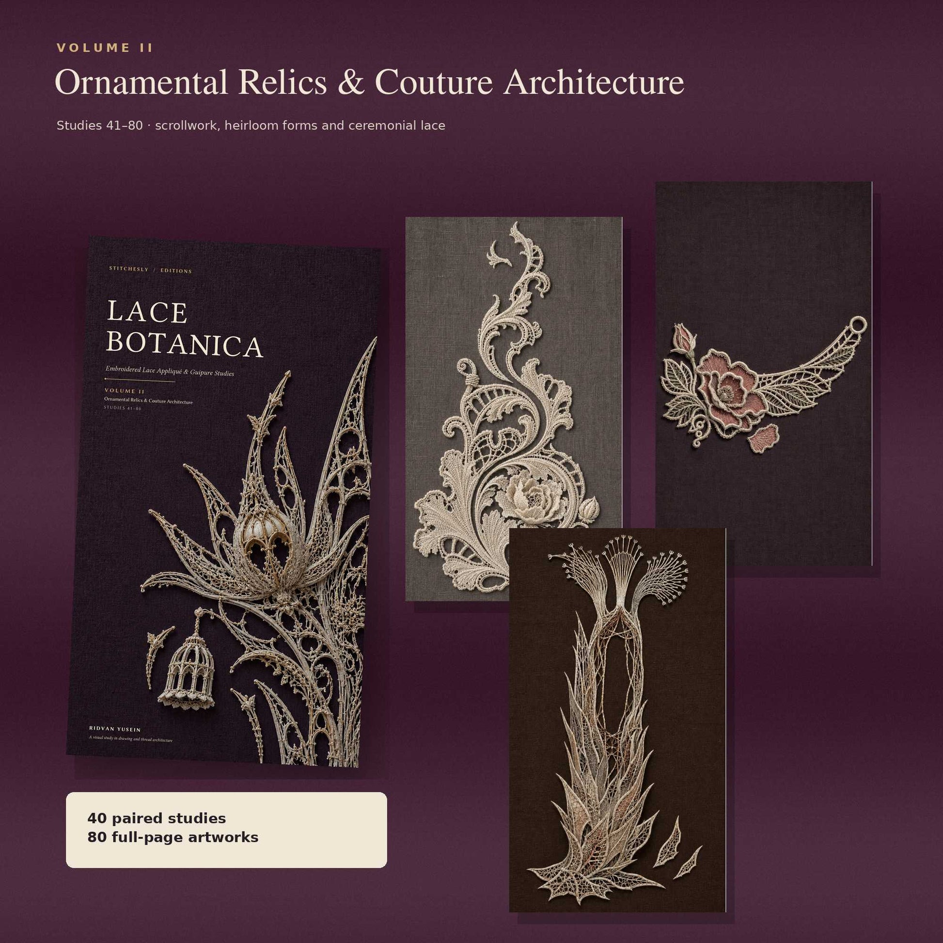 Volume two cover and selected ornamental guipure and couture lace studies