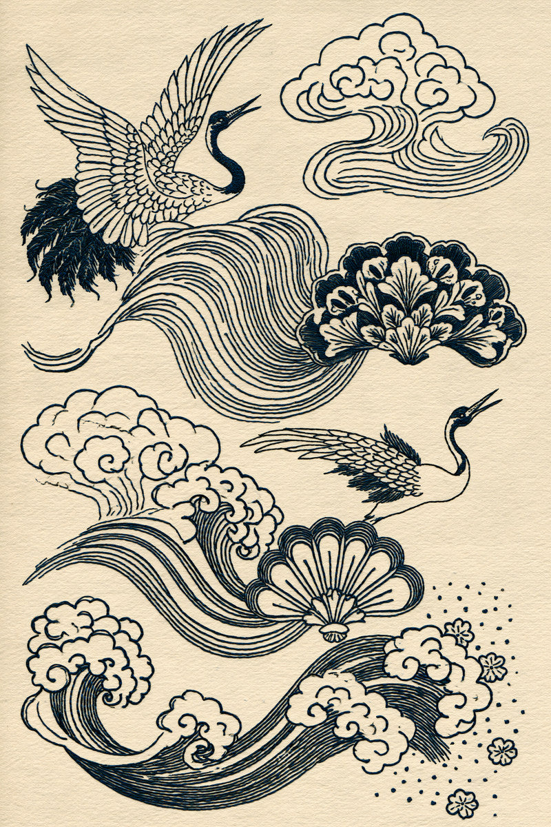 Crane Cloud Wave And Fan from East Asian Inspired Embroidery Book 4, a digital embroidery design reference for machine embroidery designs, embroidery patterns and embroidery design reference.