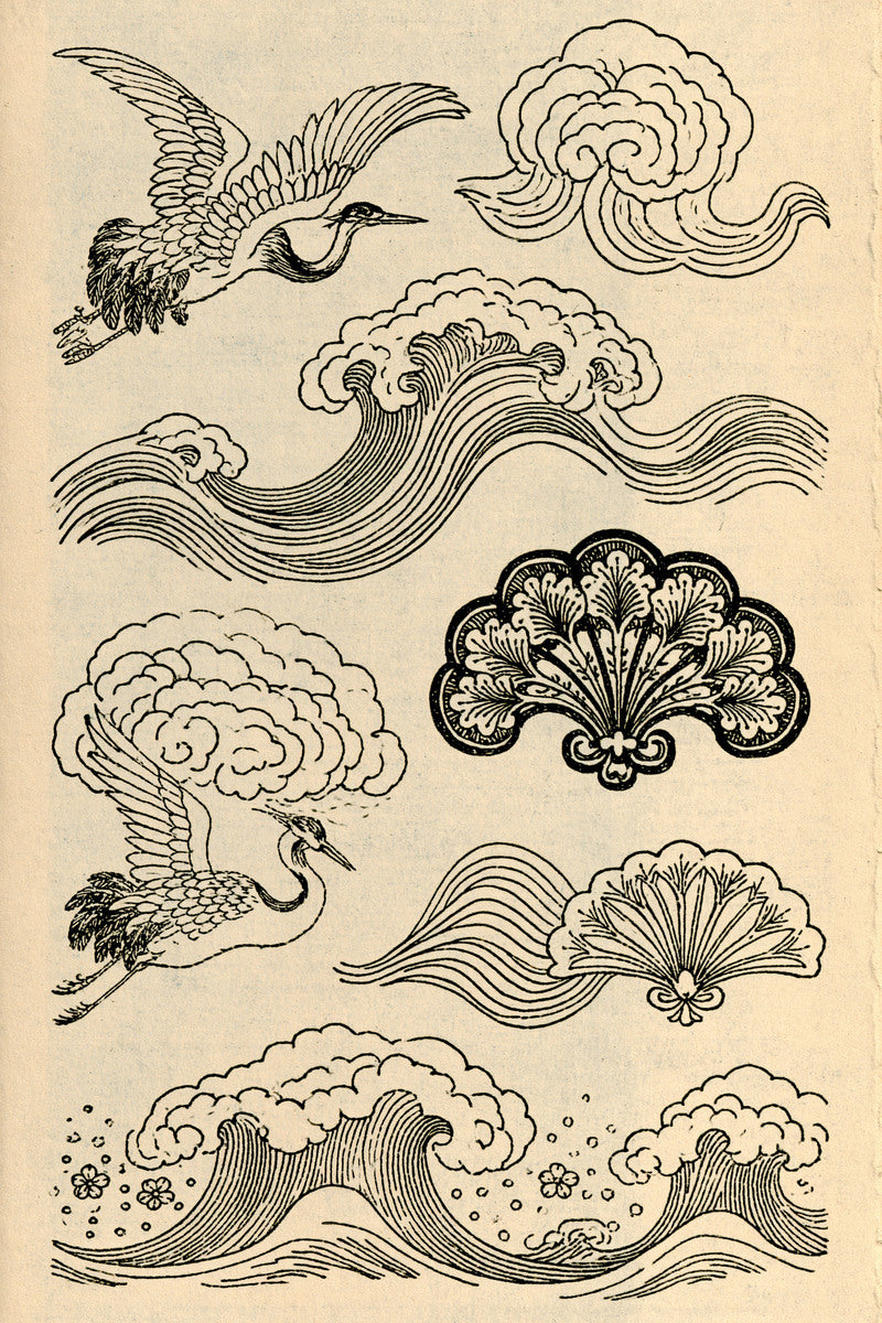 Crane Cloud Wave And Fan from East Asian Inspired Embroidery Book 8, a digital embroidery design reference for machine embroidery designs, embroidery patterns and embroidery design reference.