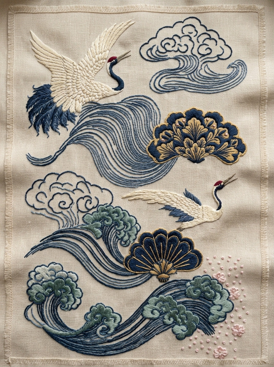 Crane Cloud Wave And Fan from East Asian Inspired Embroidery Book 4, a digital embroidery design reference for machine embroidery designs, embroidery patterns and embroidery design reference.