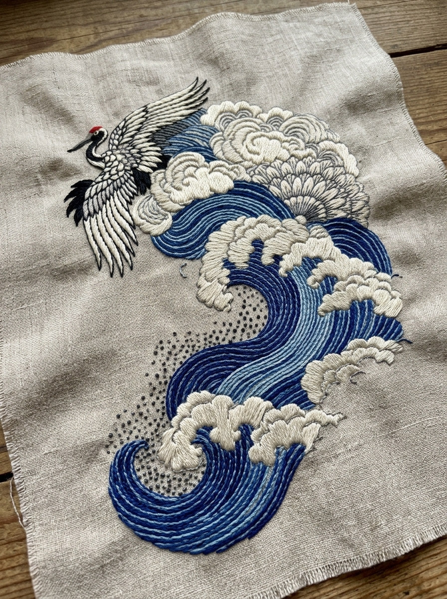 Crane Cloud Wave And Fan from East Asian Inspired Embroidery Book 7, a digital embroidery design reference for machine embroidery designs, embroidery patterns and embroidery design reference.