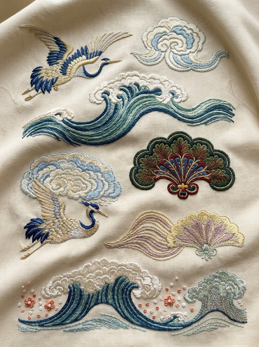 Crane Cloud Wave And Fan from East Asian Inspired Embroidery Book 8, a digital embroidery design reference for machine embroidery designs, embroidery patterns and embroidery design reference.