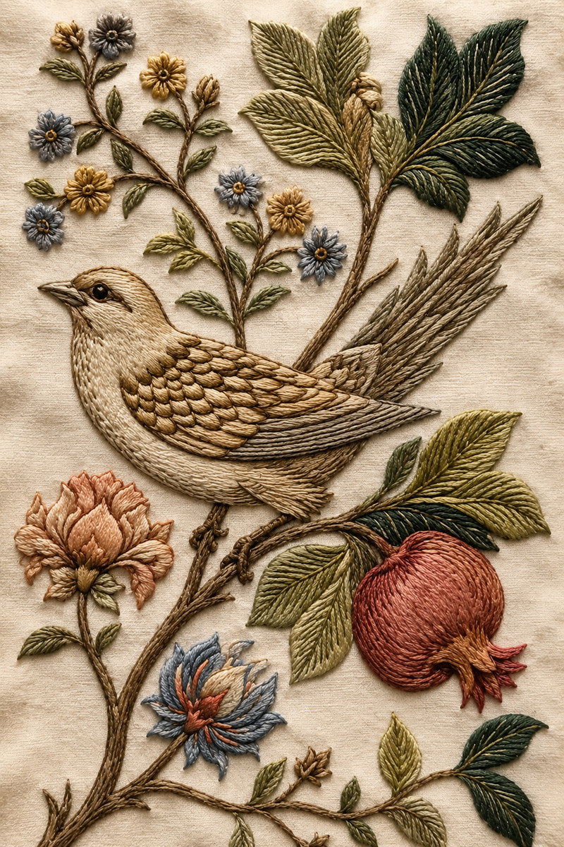 Crewel Bird And Pomegranate Design 02 from Jacobean & Crewel Embroidery Book 2, a digital embroidery design reference for machine embroidery designs, embroidery patterns and embroidery design reference.