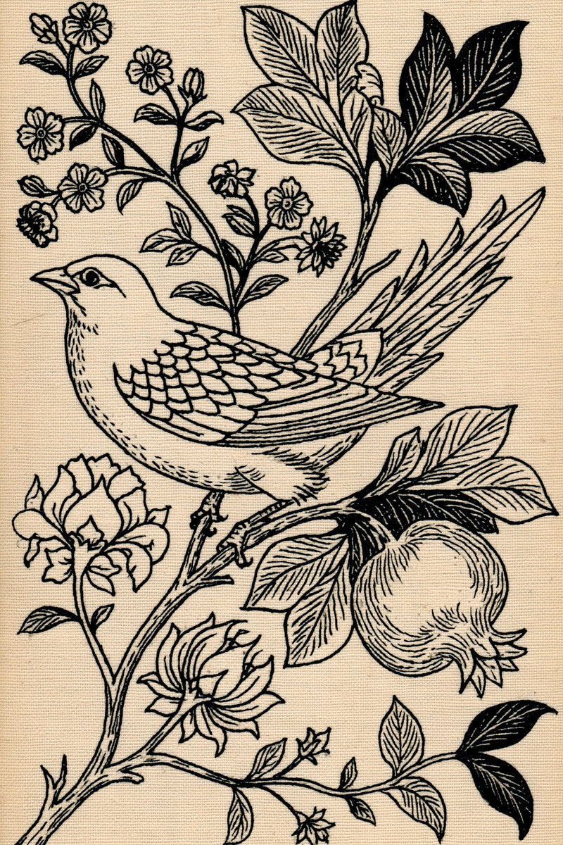 Crewel Bird And Pomegranate Design from Jacobean & Crewel Embroidery Book 2, a digital embroidery design reference for machine embroidery designs, embroidery patterns and embroidery design reference.