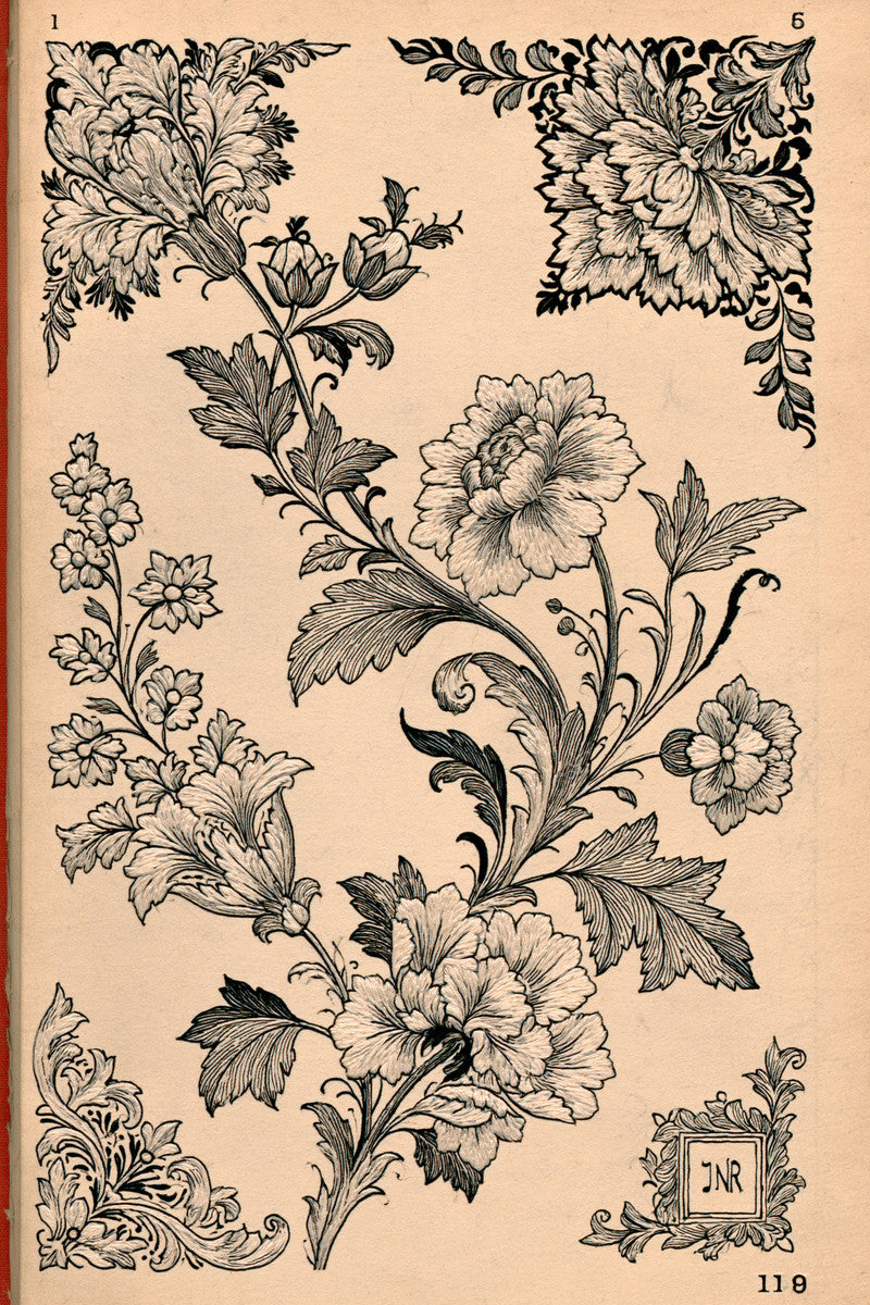 Crewel Home Textile Placement Set from Jacobean & Crewel Embroidery Book 4, a digital embroidery design reference for machine embroidery designs, embroidery patterns and lace and broderie details.