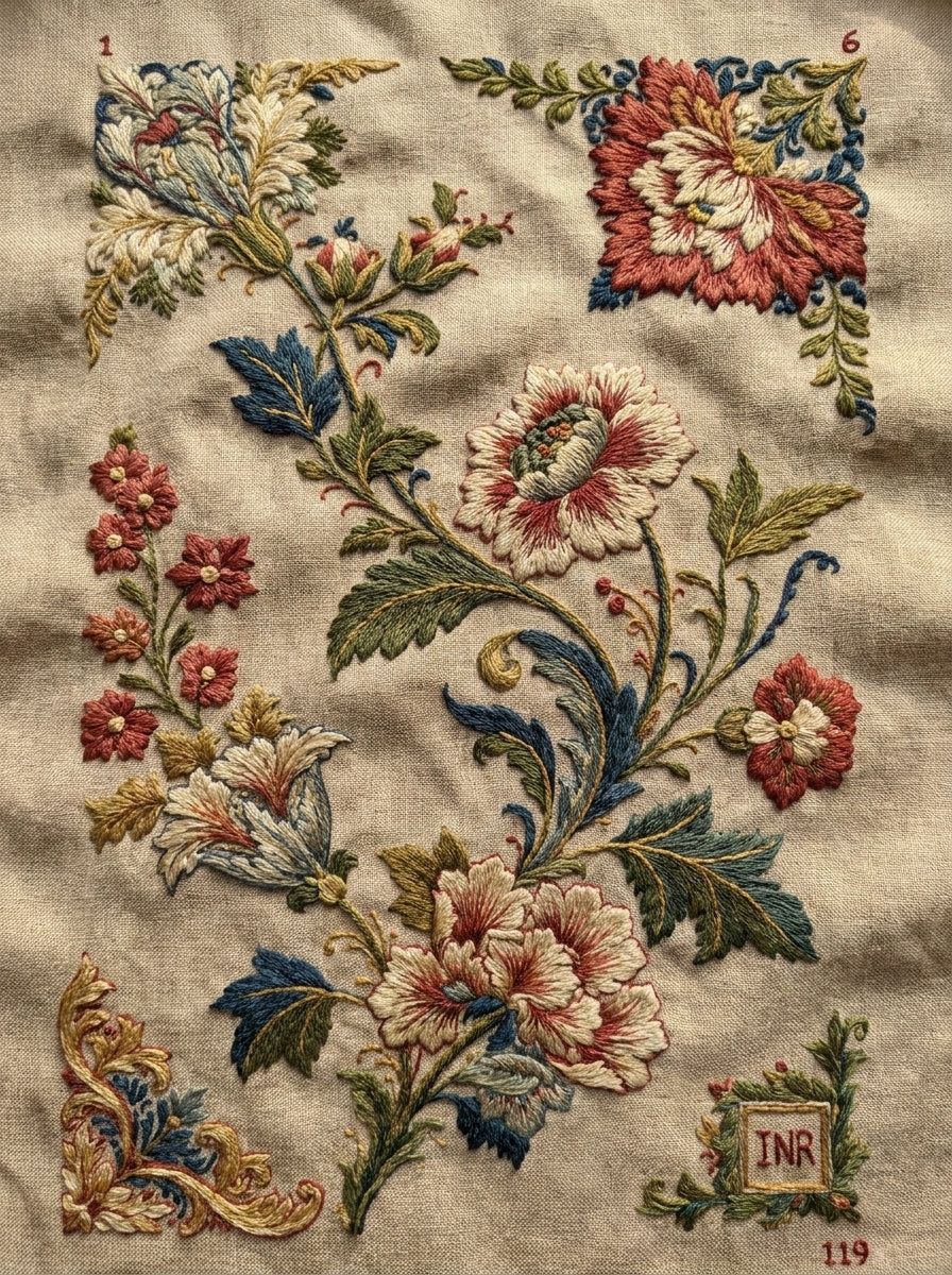 Crewel Home Textile Placement Set from Jacobean & Crewel Embroidery Book 4, a digital embroidery design reference for machine embroidery designs, embroidery patterns and lace and broderie details.