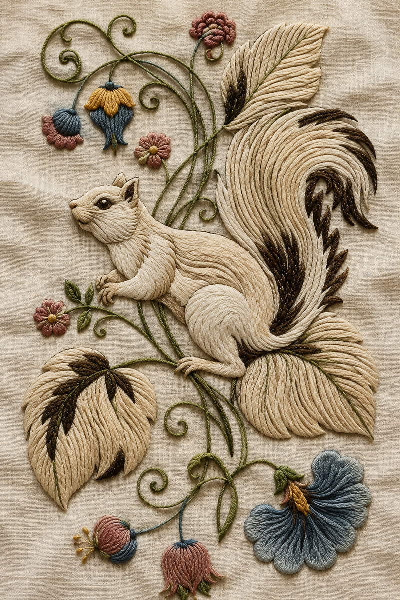 Crewel Squirrel And Vine Motif 02 from Jacobean & Crewel Embroidery Book 1, a digital embroidery design reference for machine embroidery designs, embroidery patterns and embroidery design reference.