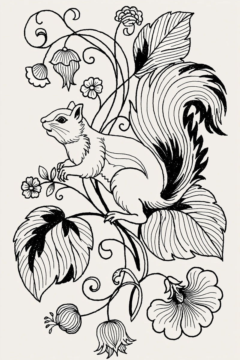 Crewel Squirrel And Vine Motif from Jacobean & Crewel Embroidery Book 1, a digital embroidery design reference for machine embroidery designs, embroidery patterns and embroidery design reference.