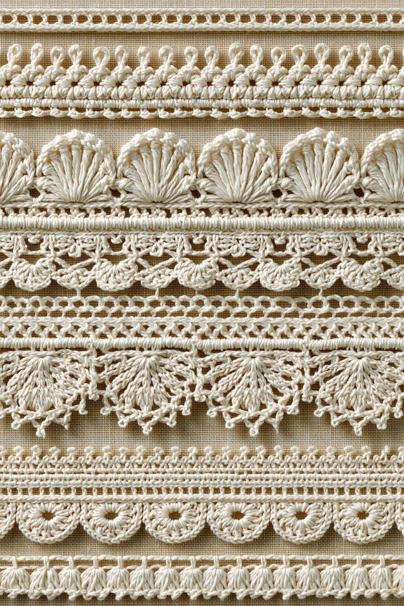 Crochet Edging Sampler Plate Crochet from Crochet Lace Borders & Edgings Book 3, a digital embroidery design reference for machine embroidery designs, embroidery patterns and border and edge embroidery.