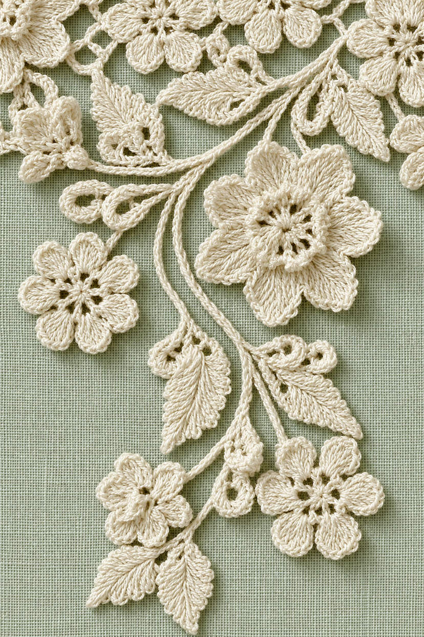 Fine cotton hand-worked lace and embroidery of flower and leaf lace vine, from Crochet Lace Borders and Edgings Book One.