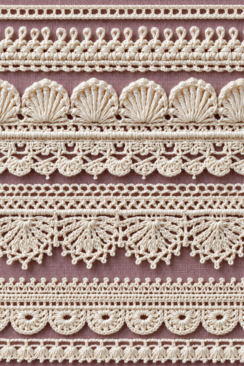 Fine cotton hand-worked lace of five band lace edging sampler, from Crochet Lace Borders and Edgings Book Three.