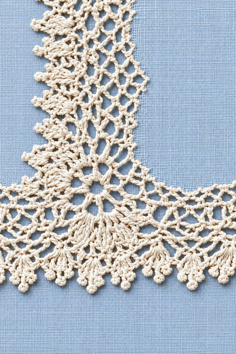 Fine cotton hand-worked lace and embroidery of picot lace linen corner, from Crochet Lace Borders and Edgings Book Three.
