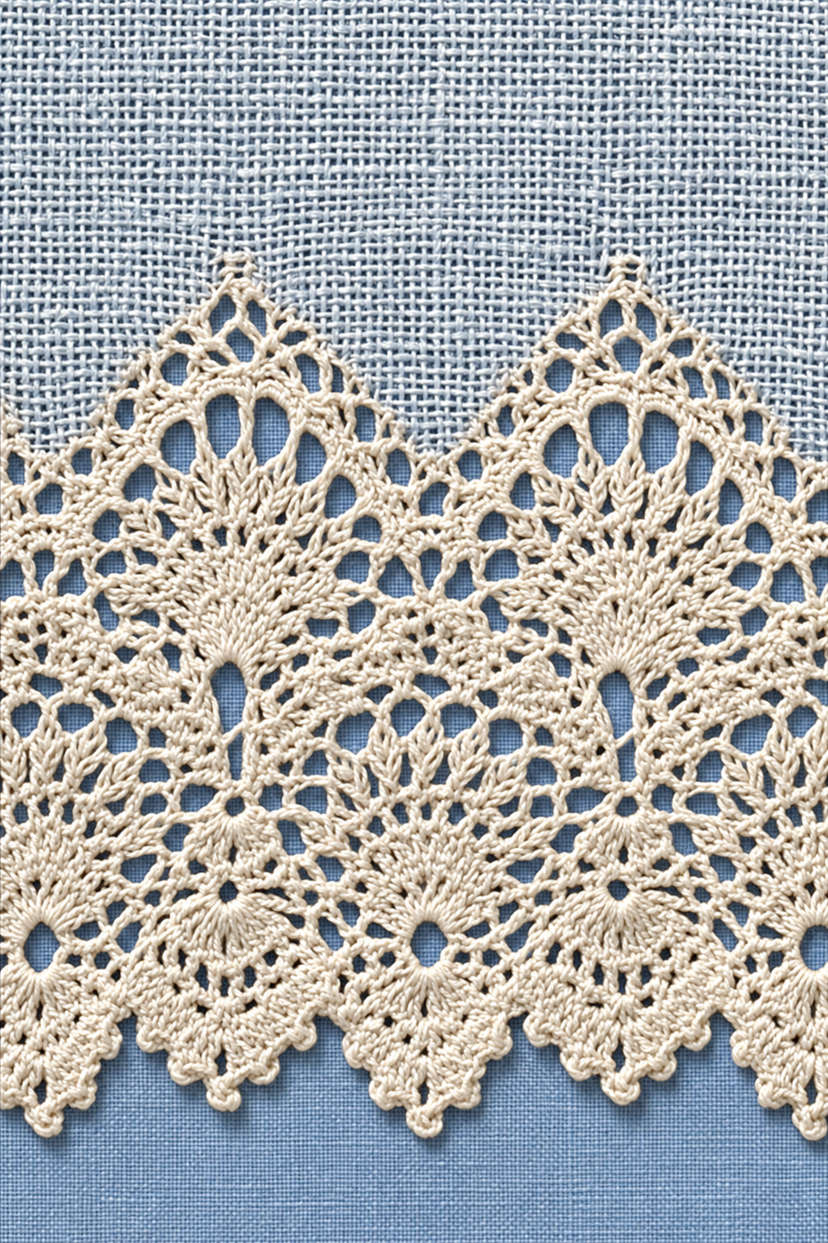 Fine cotton hand-worked lace of pointed fan and scalloped lace, from Crochet Lace Borders and Edgings Book Three.