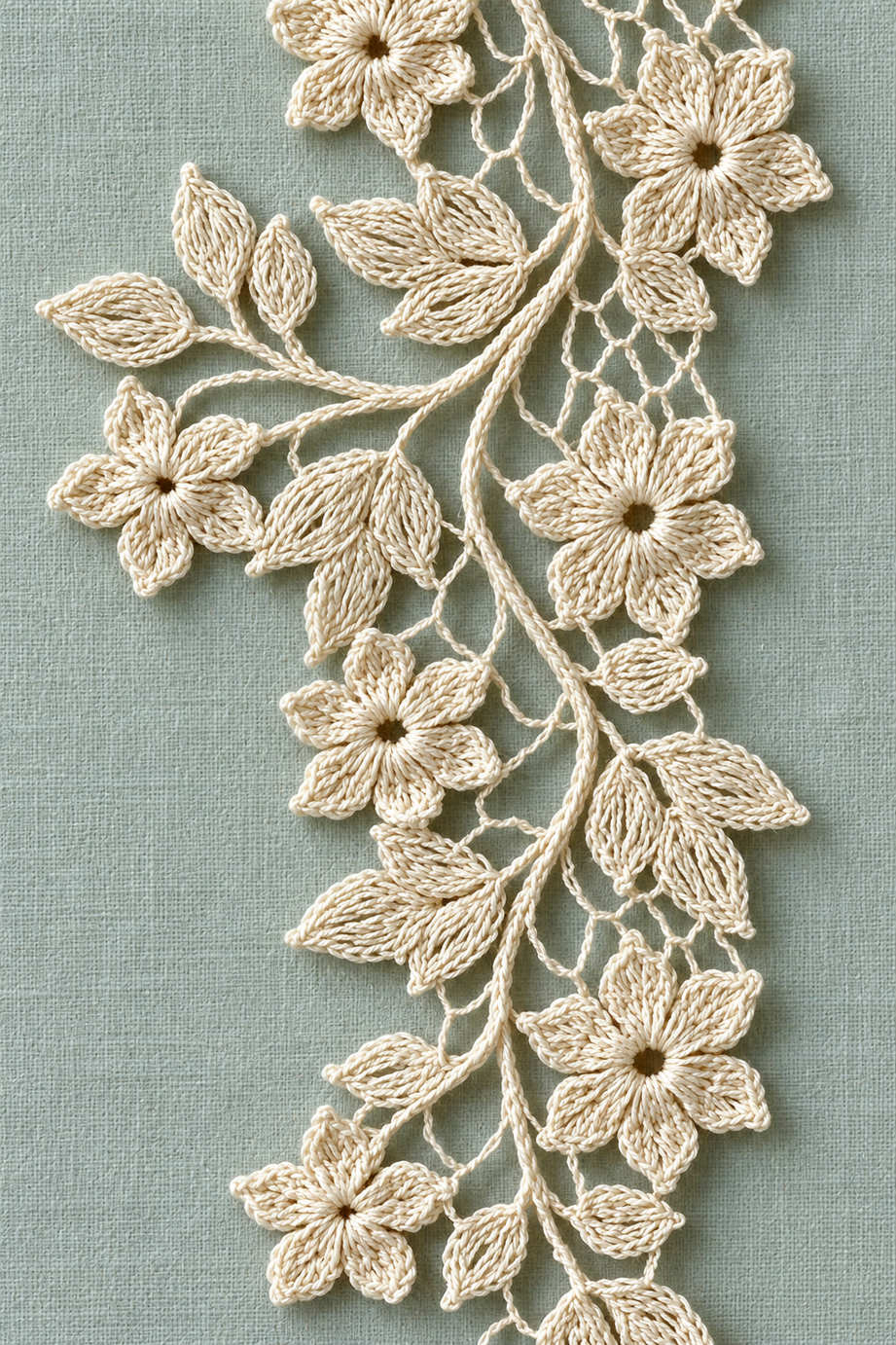 Fine cotton hand-worked lace of trailing five petal floral vine, from Crochet Lace Borders and Edgings Book Three.