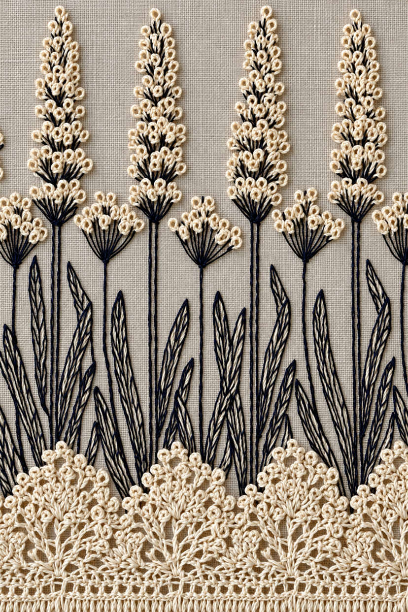 Fine cotton hand-worked lace and embroidery of two tone four flower spikes, from Crochet Lace Borders and Edgings Book Three.