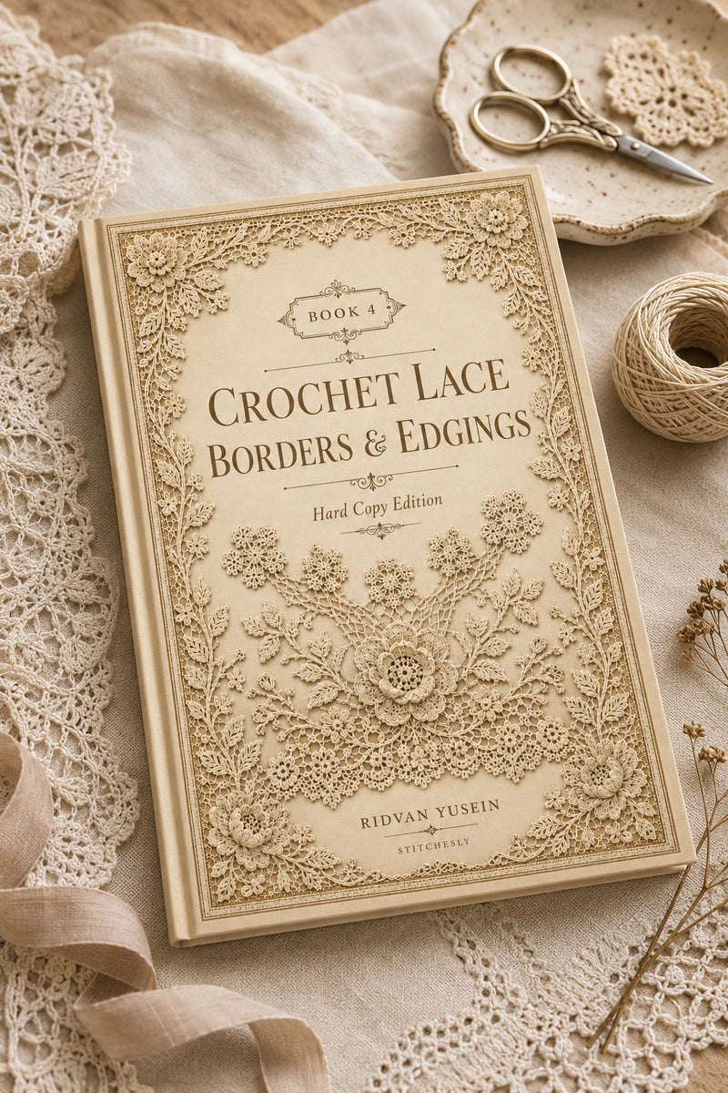 Crochet Lace Borders and Edgings Book Four, digital PDF embroidery design book, cover styled flatlay.