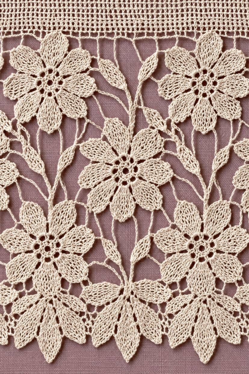 Fine cotton hand-worked lace and embroidery of large flower openwork lace panel, from Crochet Lace Borders and Edgings Book Four.
