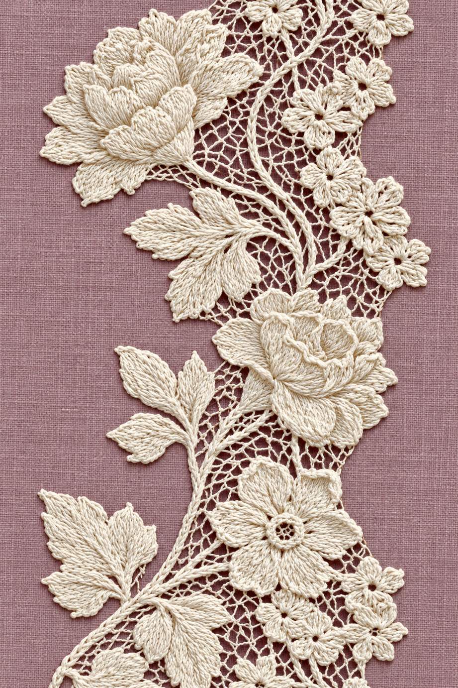 Fine cotton hand-worked lace and embroidery of rose and small flower lace vine, from Crochet Lace Borders and Edgings Book Four.