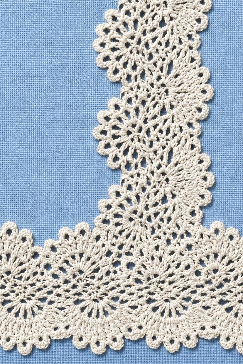 Fine cotton hand-worked lace and embroidery of rosette lace linen corner, from Crochet Lace Borders and Edgings Book Four.