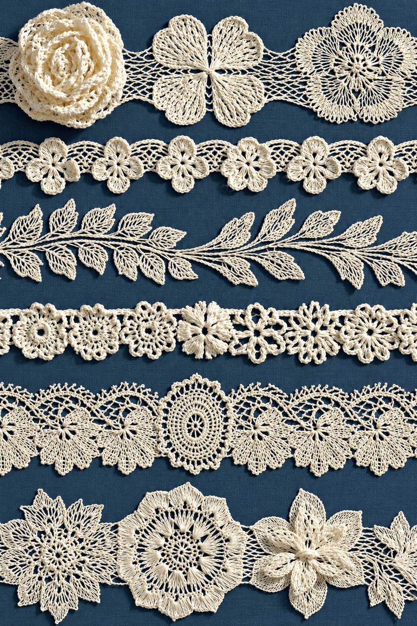 Fine cotton hand-worked lace and embroidery of six band flower and leaf lace sampler, from Crochet Lace Borders and Edgings Book Four.