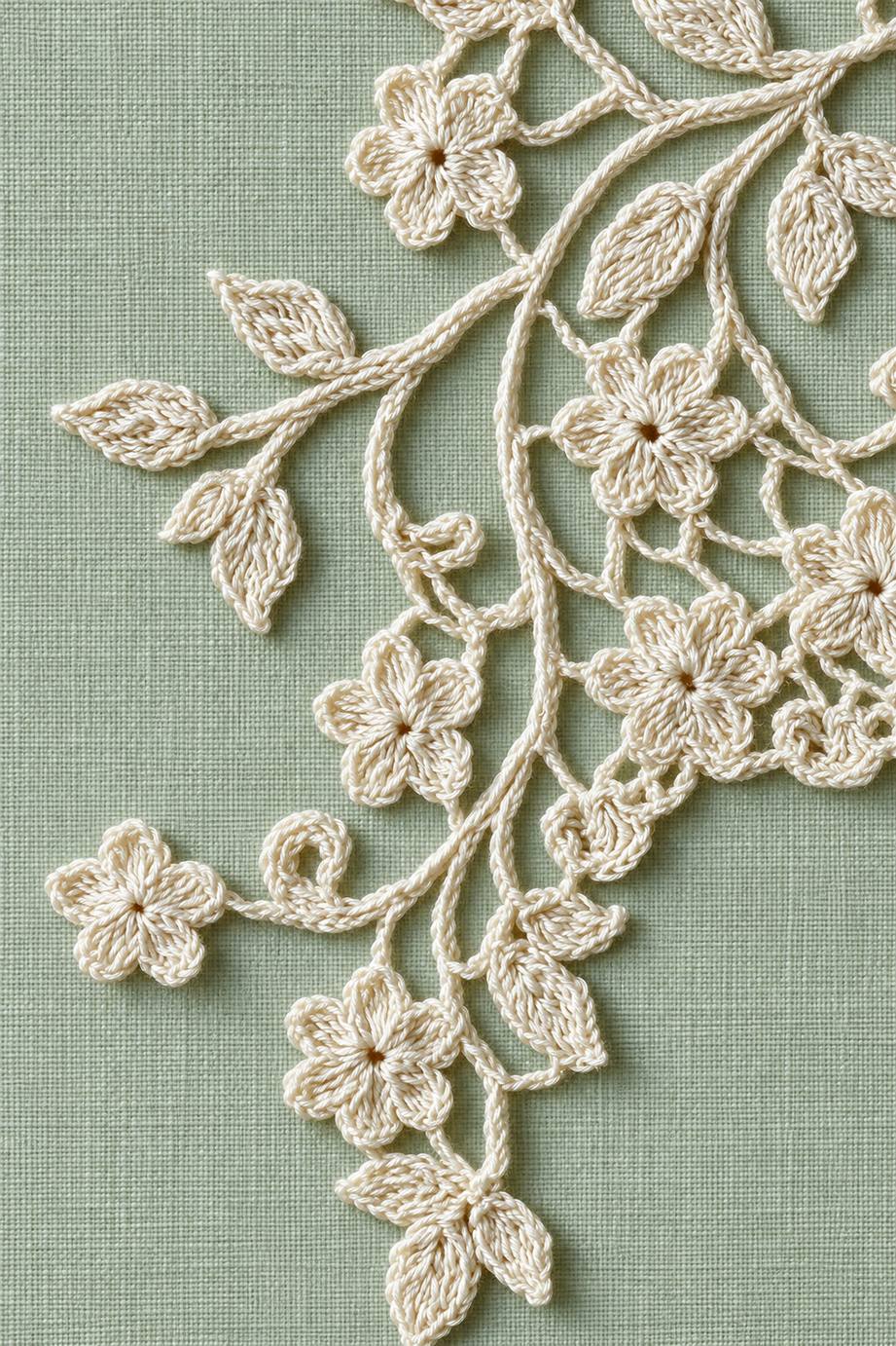 Fine cotton hand-worked lace and embroidery of trailing small flower and leaf vine, from Crochet Lace Borders and Edgings Book Four.