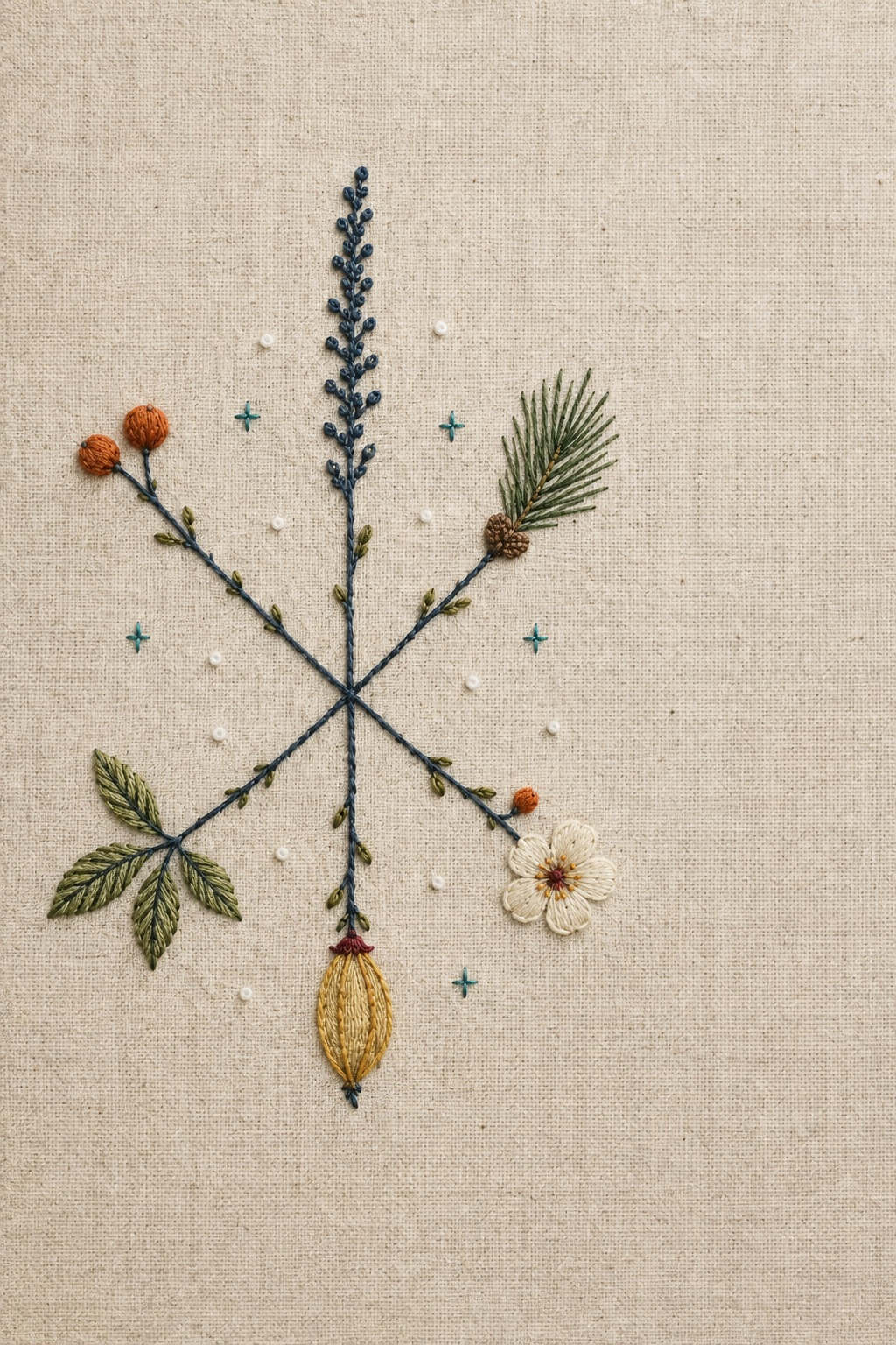 Illustrative embroidery design: Botanical spokes meet at a dark blue crossing, each ending in a different winter specimen.