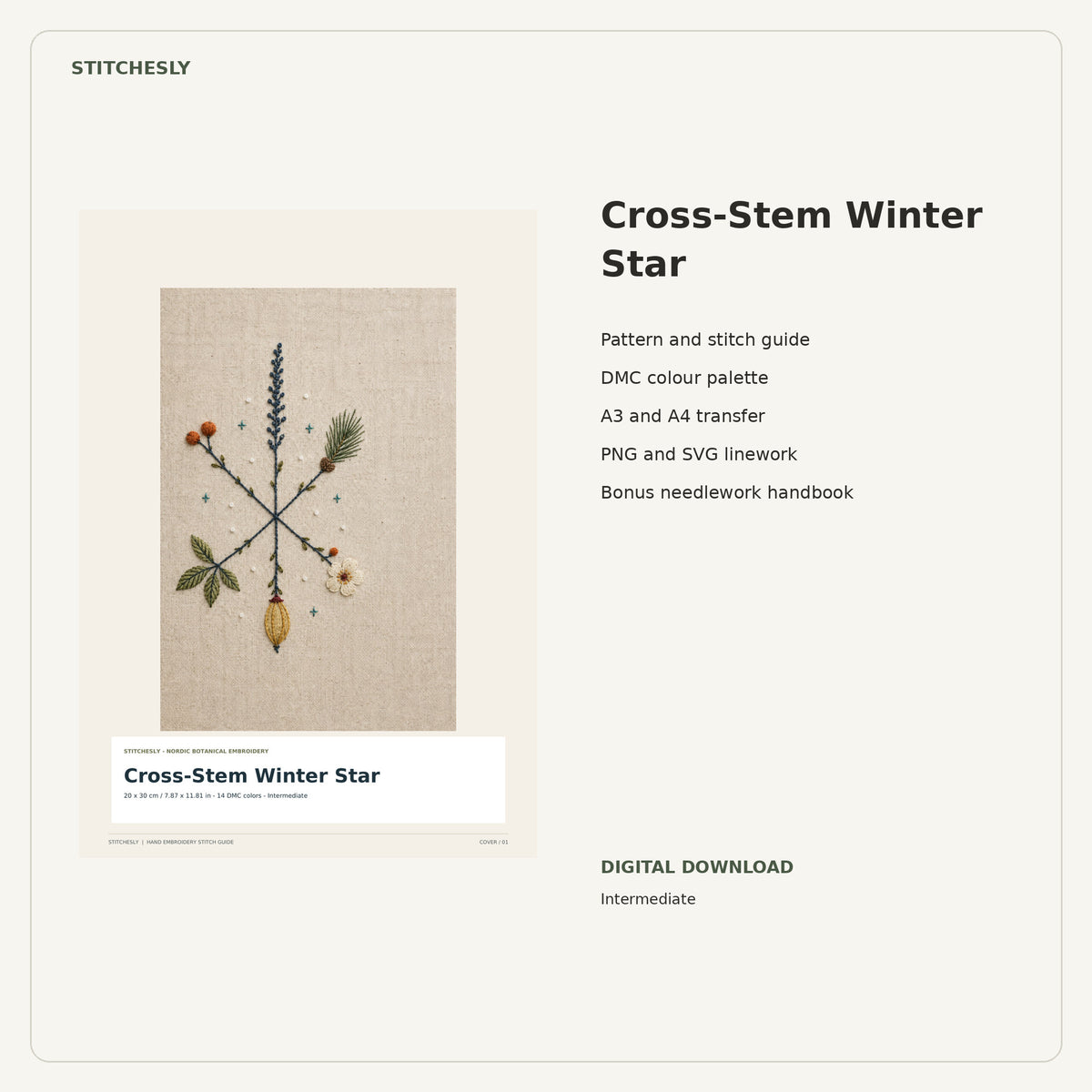 Cross-Stem Winter Star PDF stitch guide cover, pattern files and bonus needlework handbook.
