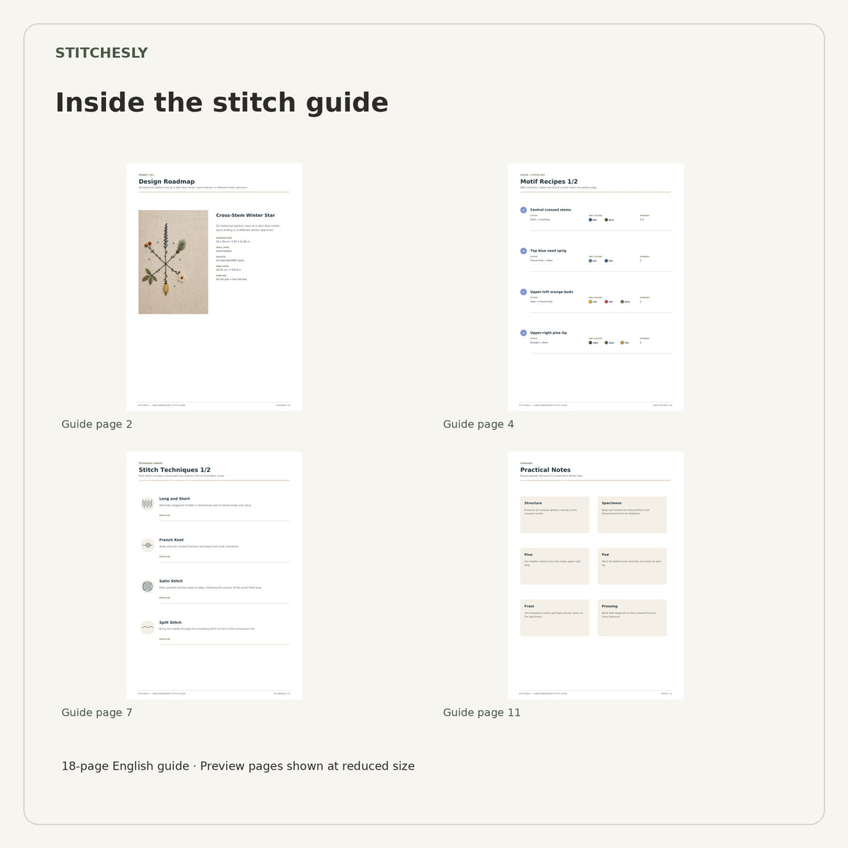 Four reduced-size preview pages from the 18-page Cross-Stem Winter Star stitch guide.