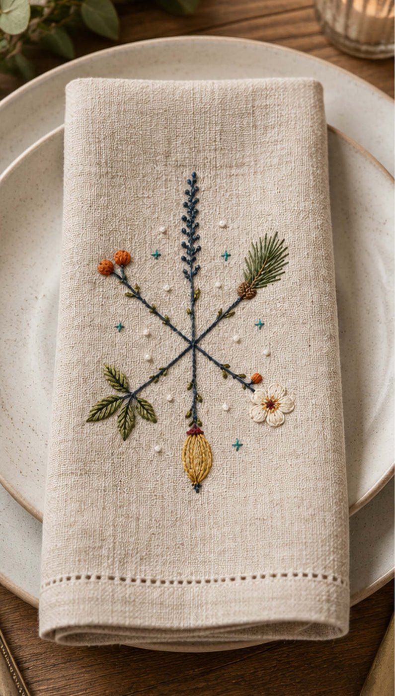 Linen panel on a chair mockup featuring the Cross-Stem Winter Star hand embroidery design. Botanical spokes meet at a dark blue crossing, each ending in a different winter specimen.