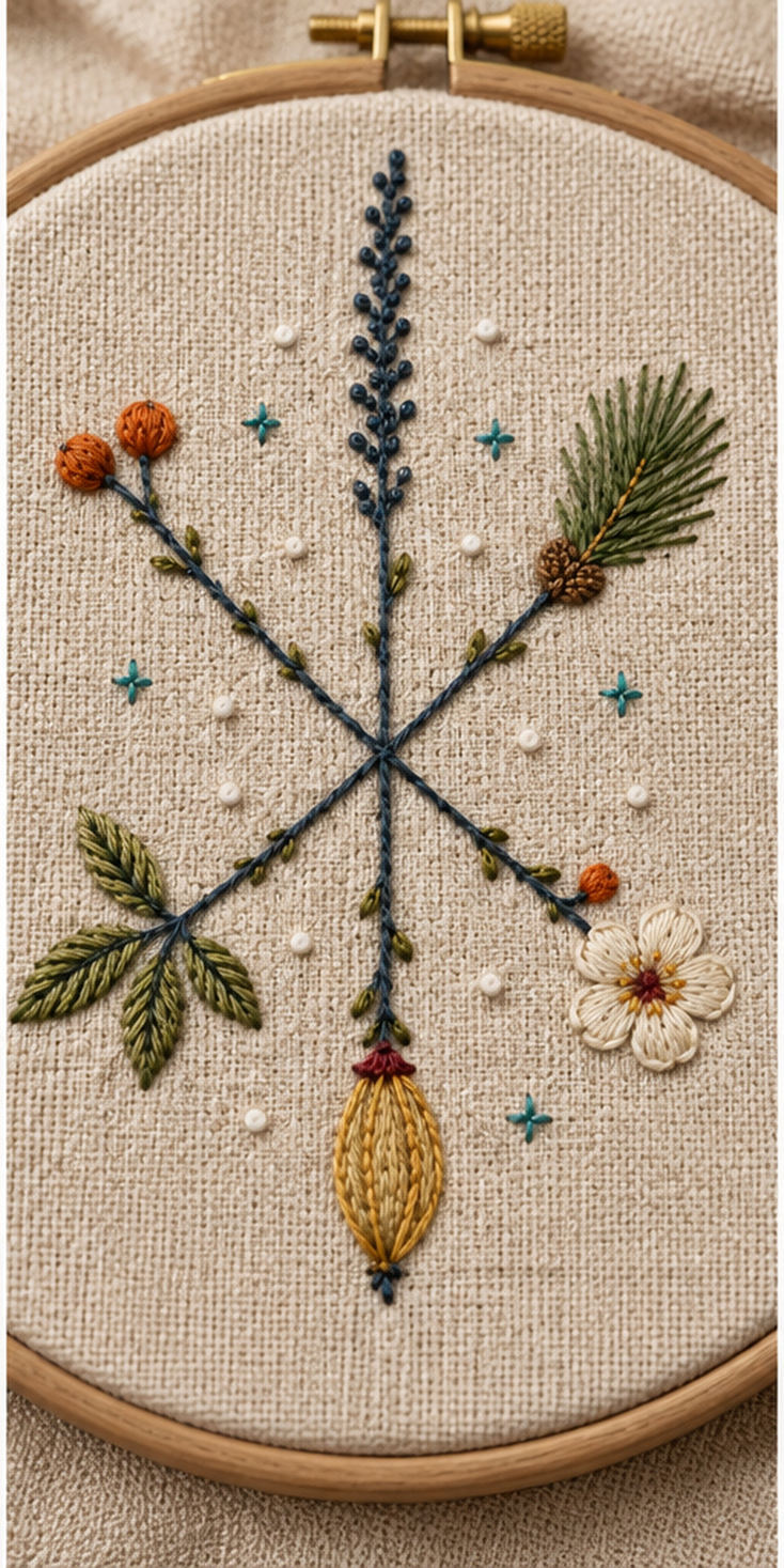 Botanical textile flat lay mockup featuring the Cross-Stem Winter Star hand embroidery design. Botanical spokes meet at a dark blue crossing, each ending in a different winter specimen.