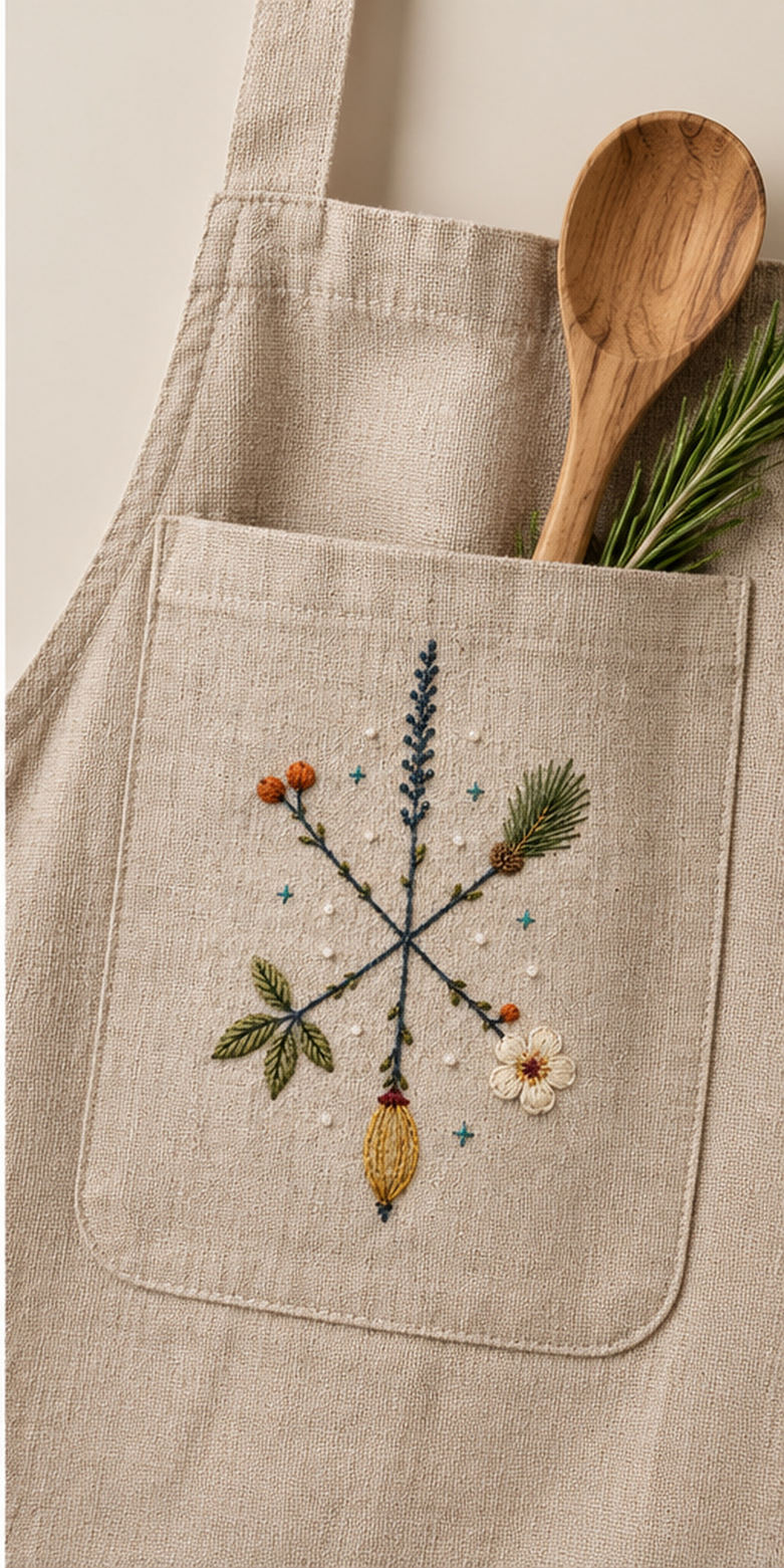 Linen tote bag mockup featuring the Cross-Stem Winter Star hand embroidery design. Botanical spokes meet at a dark blue crossing, each ending in a different winter specimen.